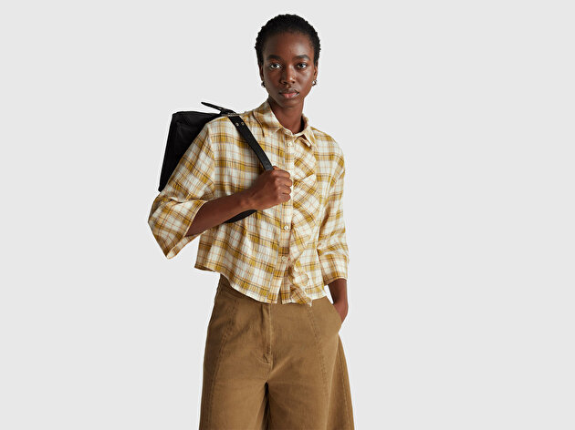 Benetton Kadın Pamuk Karışımlı Kareli Fırfır Detaylı Gömlek