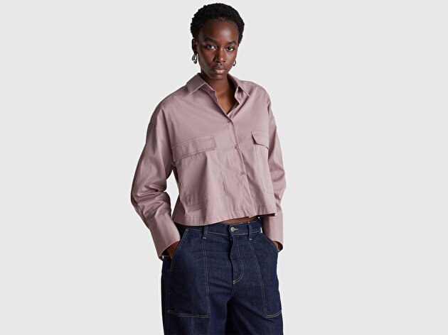 Benetton Kadın Pamuk Karışımlı Cepli Boxy Fit Gömlek