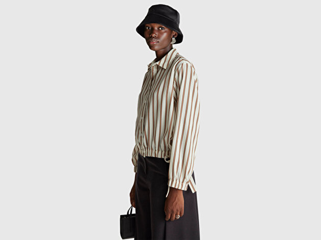 Benetton Kadın Viskoz Karışımlı Çizgili Altı Lastikli Relaxed Fit Gömlek