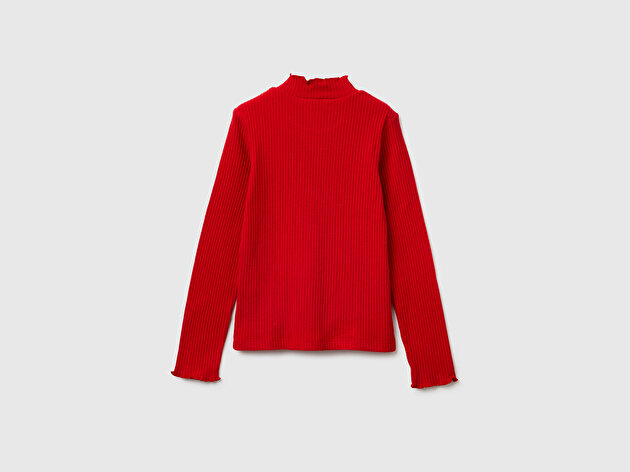 Benetton Kız Çocuk Kırmızı Logo Etiketli Fırfır Detaylı Bebe Yaka Uzun Kollu T-Shirt