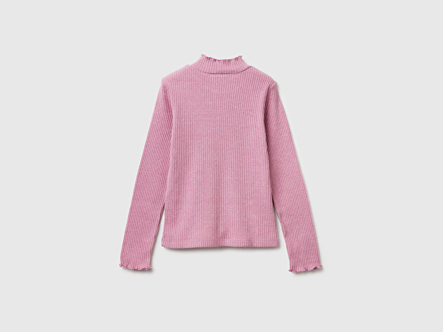 Benetton Kız Çocuk Pembe Logo Etiketli Fırfır Detaylı Bebe Yaka Uzun Kollu T-Shirt