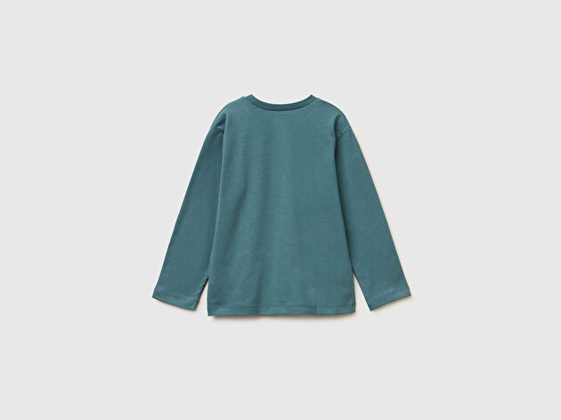 Benetton Erkek Bebek Gri-Yeşil Önü Logo Baskılı Jarse Uzun Kollu T-shirt