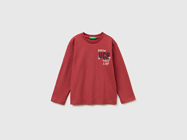 Benetton Erkek Bebek Bordo Önü Logo Baskılı Jarse Uzun Kollu T-shirt