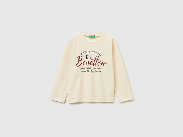 Benetton Erkek Bebek Krem Önü Logo Baskılı Jarse Uzun Kollu T-shirt