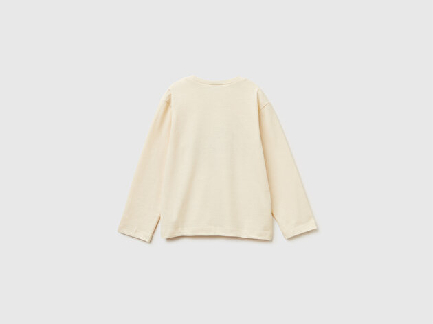 Benetton Erkek Bebek Krem Önü Logo Baskılı Jarse Uzun Kollu T-shirt