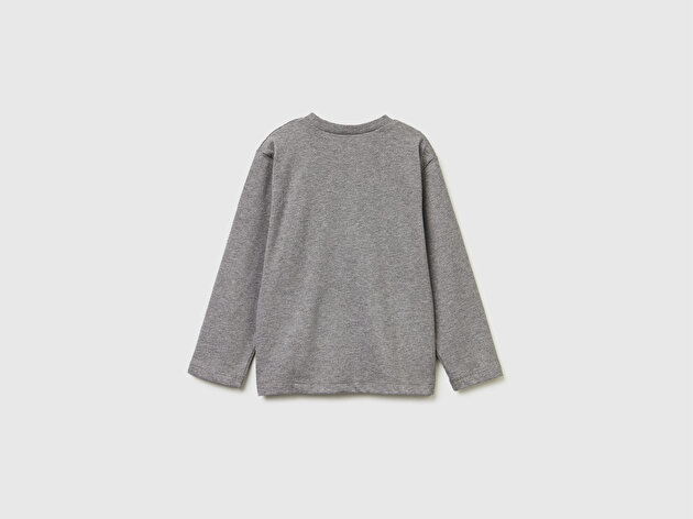 Benetton Erkek Bebek Antrasit Melanj Önü Logo Baskılı Jarse Uzun Kollu T-shirt