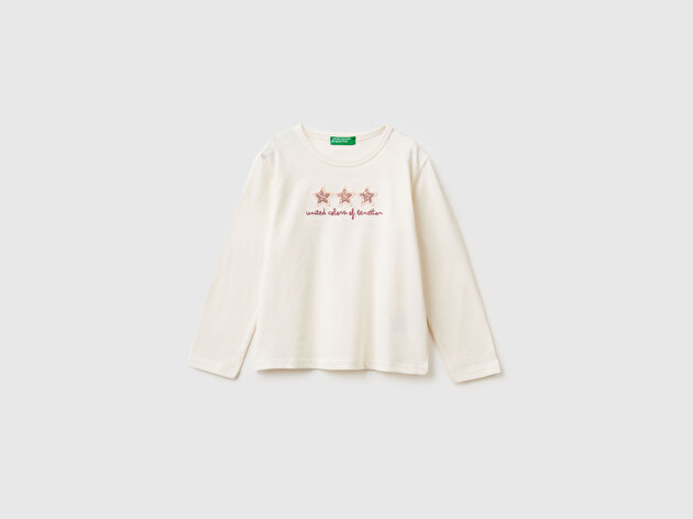 Benetton Kız Bebek Ekru Baskılı Payetli Regular Fit Uzun Kollu T-shirt