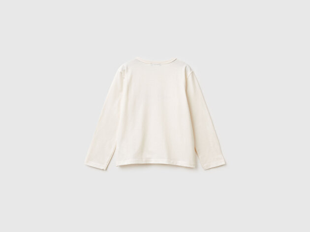 Benetton Kız Bebek Ekru Baskılı Payetli Regular Fit Uzun Kollu T-shirt
