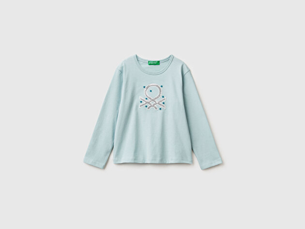 Benetton Kız Bebek Su Yeşili Baskılı Payetli Regular Fit Uzun Kollu T-shirt