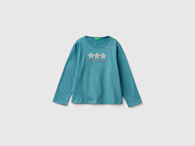 Benetton Kız Bebek Petrol Mavisi Baskılı Payetli Regular Fit Uzun Kollu T-shirt