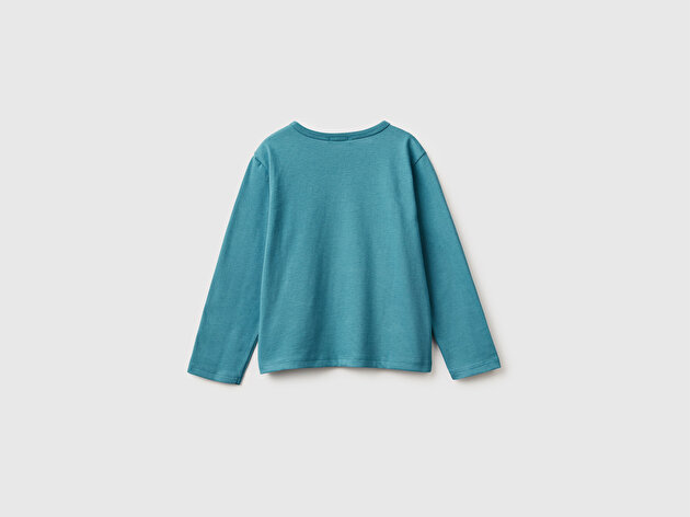 Benetton Kız Bebek Petrol Mavisi Baskılı Payetli Regular Fit Uzun Kollu T-shirt