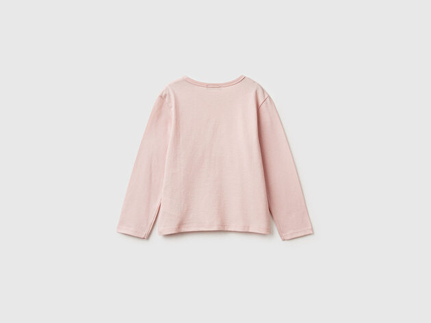 Benetton Kız Bebek Toz Pembe Baskılı Payetli Regular Fit Uzun Kollu T-shirt