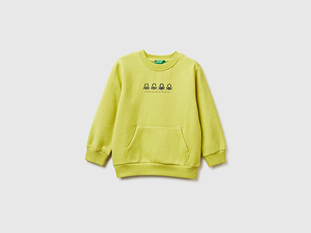 Benetton Erkek Bebek Hardal Önü Logo Baskılı Cepli Bisiklet Yaka Regular Fit Sweatshirt