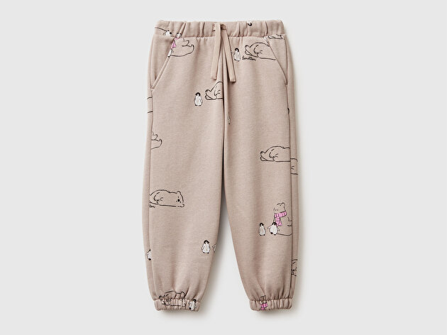 Benetton Kız Bebek Kahverengi Mix Tamamı Desenli Büzgü İpli Paçası Lastikli Eşofman Altı