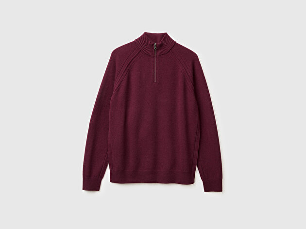 Benetton Erkek Mürdüm %100 Yün Fermuar Detaylı Dik Yaka Kazak