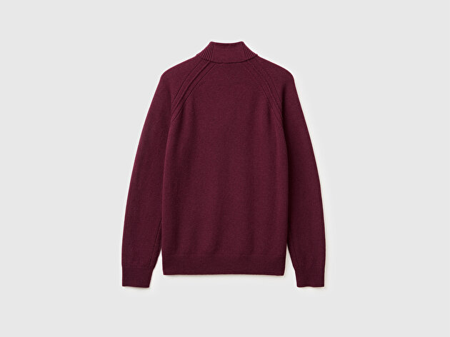 Benetton Erkek Mürdüm %100 Yün Fermuar Detaylı Dik Yaka Kazak