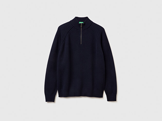 Benetton Erkek Lacivert %100 Yün Fermuar Detaylı Dik Yaka Kazak