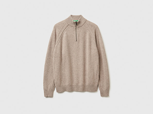 Benetton Erkek Bej Melanj %100 Yün Fermuar Detaylı Dik Yaka Kazak