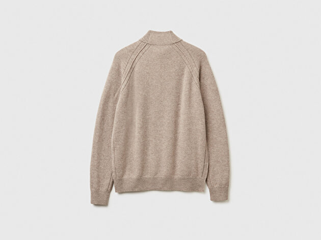 Benetton Erkek Bej Melanj %100 Yün Fermuar Detaylı Dik Yaka Kazak