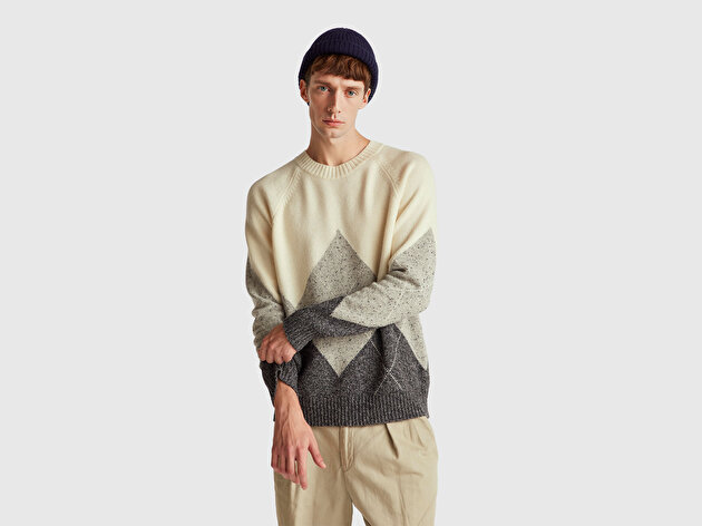 Benetton Erkek Krem Yün Karışımlı Baklava Desenli Ribana Detaylı Kazak