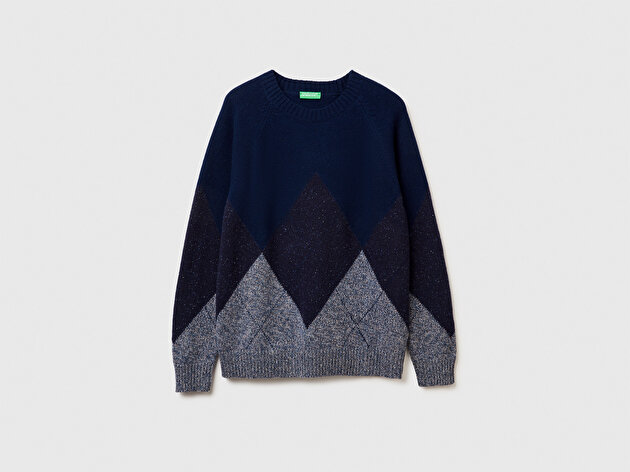 Benetton Erkek Lacivert Yün Karışımlı Baklava Desenli Ribana Detaylı Kazak