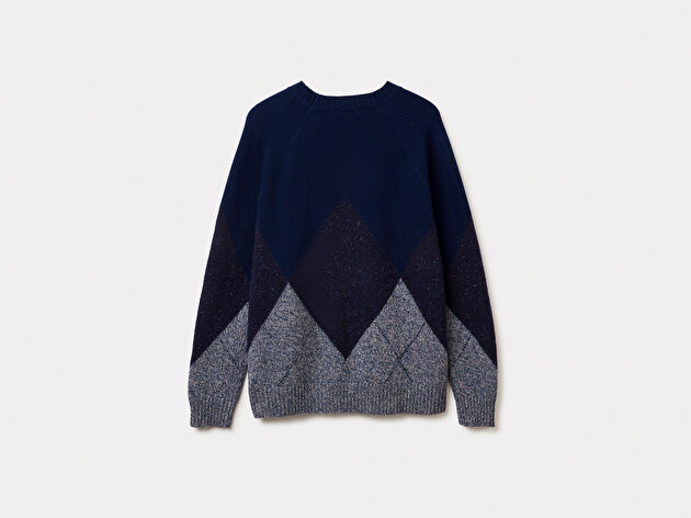 Benetton Erkek Lacivert Yün Karışımlı Baklava Desenli Ribana Detaylı Kazak