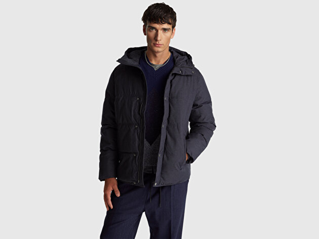 Benetton Erkek Lacivert Çıtçıt Düğmeli Kapüşonlu Şişme Mont