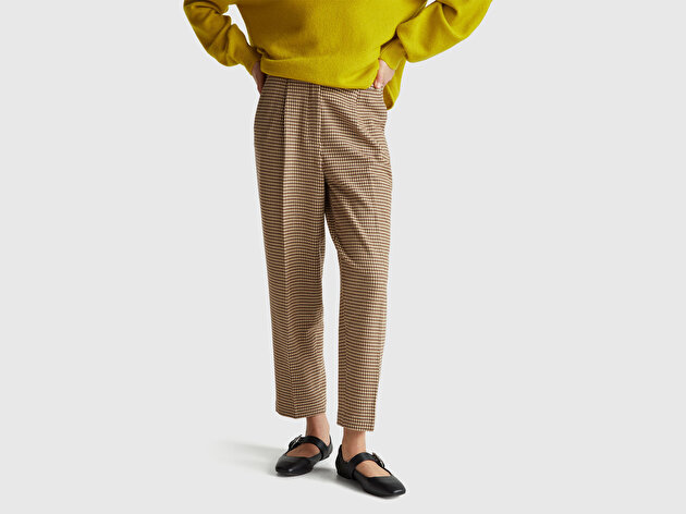 Benetton Kadın Haki Viskoz Karışımlı Fermuarlı Arka Bel Bandı Lastikli Pantolon