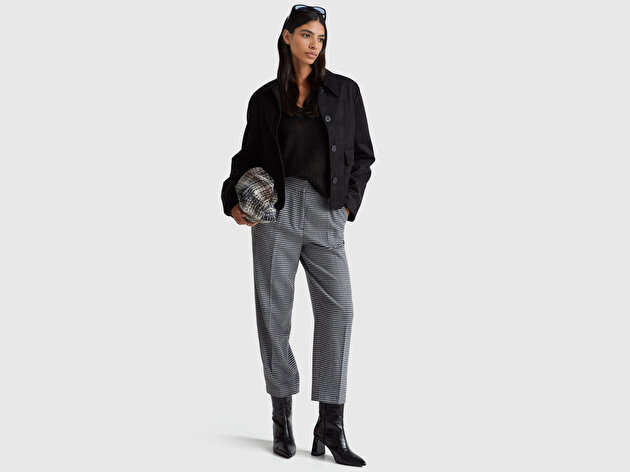 Benetton Kadın Koyu Gri Viskoz Karışımlı Fermuarlı Arka Bel Bandı Lastikli Pantolon