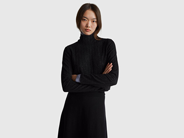 Benetton Kadın Siyah Desenli Dik Yaka Bluz