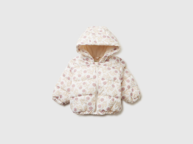 Benetton Bebek Ekru Tamamı Kare Desenli  Astarlı Fermuarlı Kapüşonlu Mont