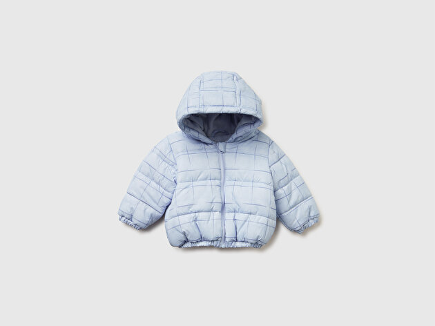 Benetton Bebek Açık Gri Tamamı Kare Desenli  Astarlı Fermuarlı Kapüşonlu Mont