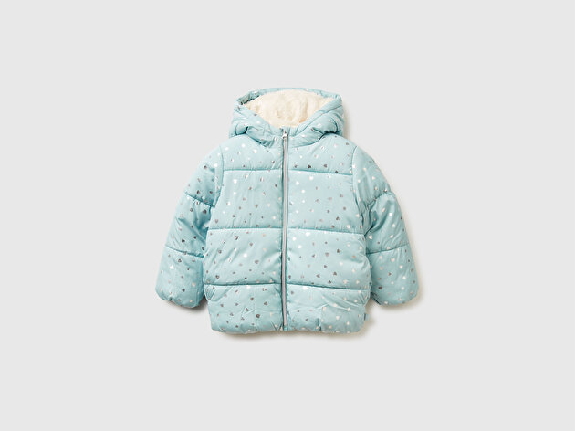 Benetton Kız Bebek Su Yeşili İçi Kürklü Fermuarlı Kapüşonlu Dolgulu Mont