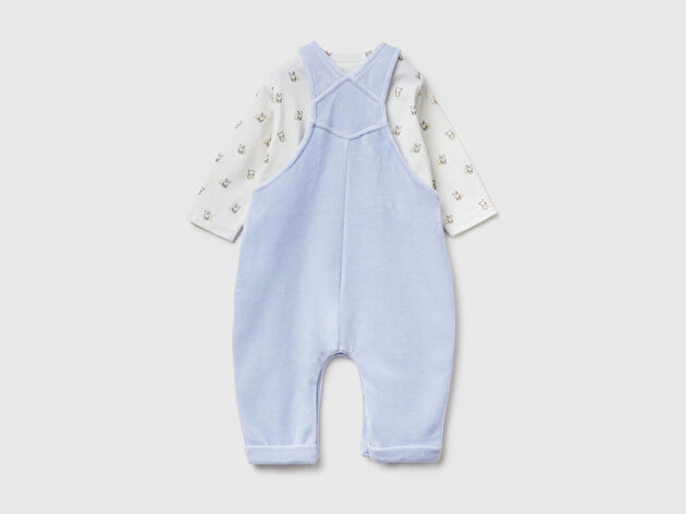 Benetton Bebek Ekru-Mavi Desenli Uzun Kollu T-shirt ve Tavşan İşlemeli Salopet Takım