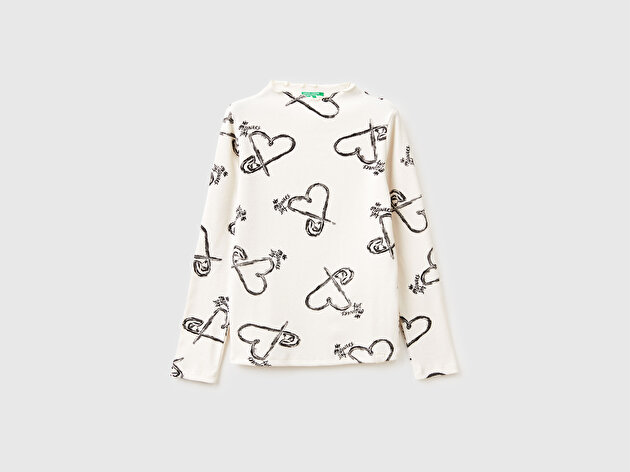 Benetton Kız Çocuk Ekru Tamamı Baskılı Logo Etiketli Bebe Yaka Uzun Kollu T-Shirt