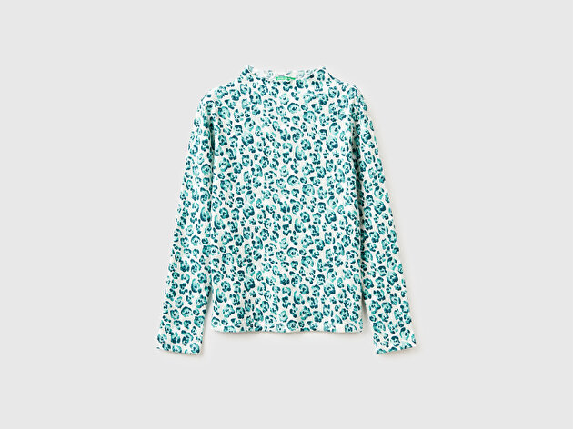 Benetton Kız Çocuk Mint Yeşili Tamamı Baskılı Logo Etiketli Bebe Yaka Uzun Kollu T-Shirt