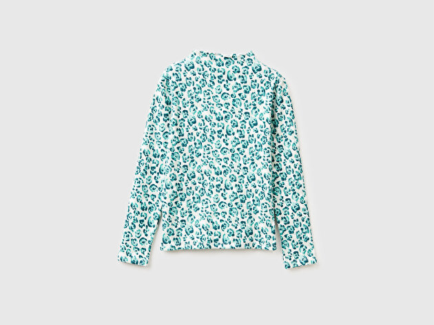 Benetton Kız Çocuk Mint Yeşili Tamamı Baskılı Logo Etiketli Bebe Yaka Uzun Kollu T-Shirt