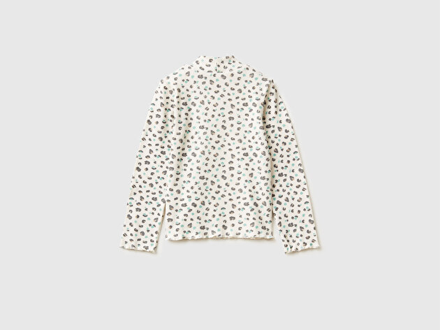 Benetton Kız Bebek Krem Mix Tamamı Desenli Ribana Yarım Yaka Slim Fit Uzun Kollu T-Shirt