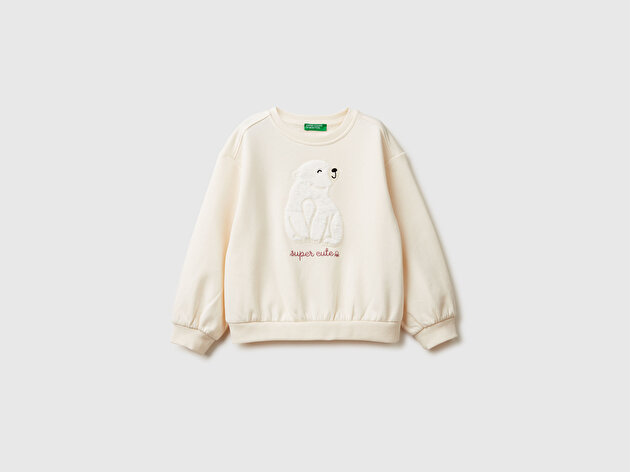 Benetton Kız Bebek Ekru Kürk Aplikeli Ribanalı Bisiklet Yaka Sweatshirt