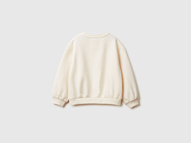 Benetton Kız Bebek Ekru Kürk Aplikeli Ribanalı Bisiklet Yaka Sweatshirt