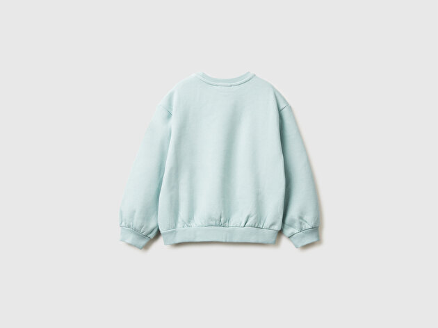 Benetton Kız Bebek Su Yeşili Kürk Aplikeli Ribanalı Bisiklet Yaka Sweatshirt