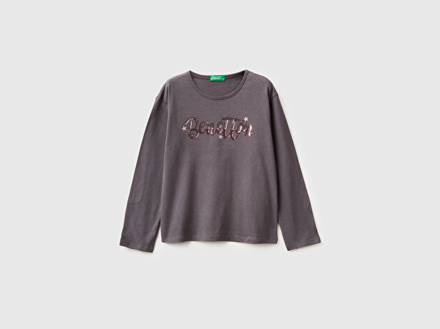 Benetton Kız Çocuk Koyu Kahverengi Grafik Payet İşlemeli Regular Fit Jarse Uzun Kollu T-shirt