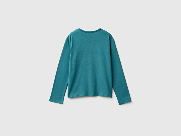 Benetton Kız Çocuk Petrol Mavisi Grafik Payet İşlemeli Regular Fit Jarse Uzun Kollu T-shirt