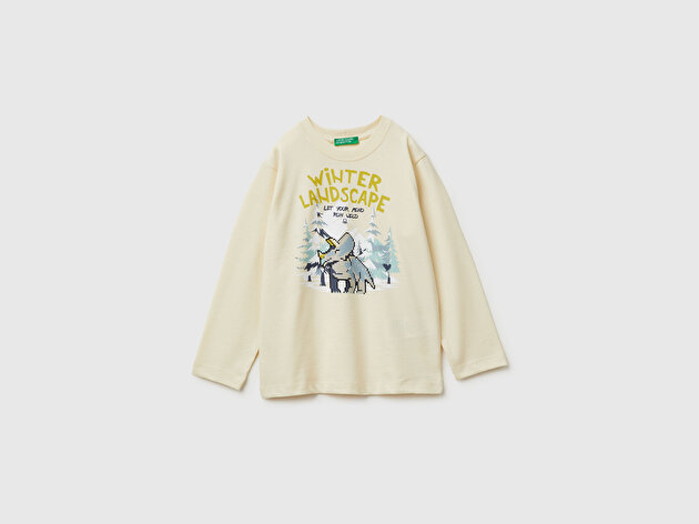 Benetton Erkek Bebek Krem Baskılı Bisiklet Yaka Jarse Uzun Kollu T-shirt
