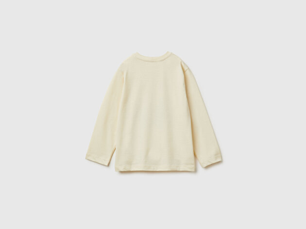 Benetton Erkek Bebek Krem Baskılı Bisiklet Yaka Jarse Uzun Kollu T-shirt