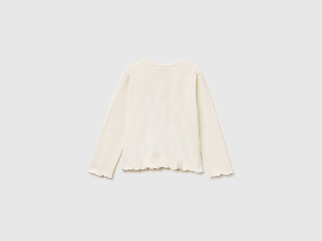 Benetton Kız Bebek Ekru Önü Baskılı Kol Ucu Etiket Detaylı Uzun Kollu T-shirt