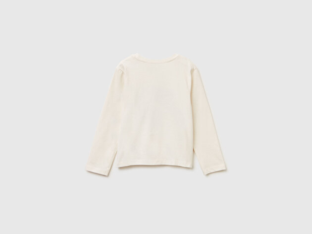 Benetton Kız Bebek Ekru Önü Baskılı Hafif Kloş Bisiklet Yaka Uzun Kollu T-shirt