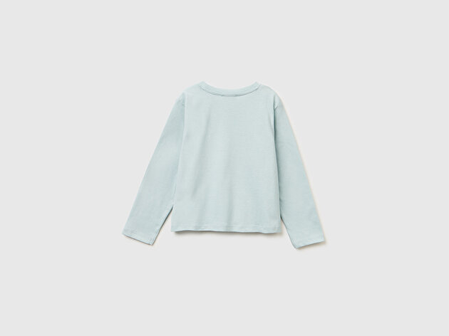 Benetton Kız Bebek Su Yeşili Önü Baskılı Hafif Kloş Bisiklet Yaka Uzun Kollu T-shirt