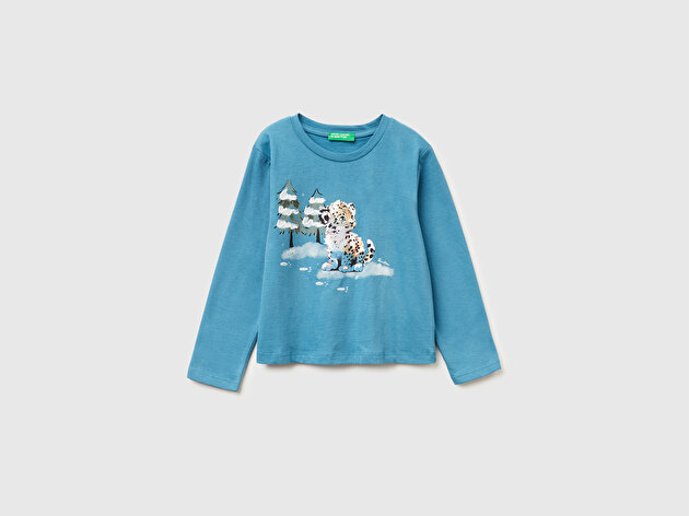 Benetton Kız Bebek Petrol Mavisi Önü Baskılı Hafif Kloş Bisiklet Yaka Uzun Kollu T-shirt