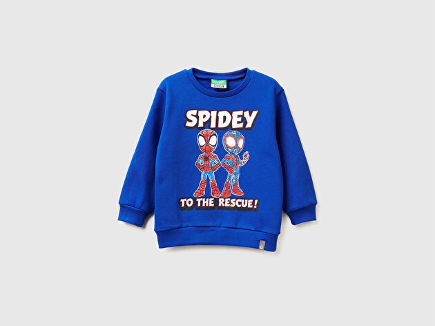 Benetton Erkek Bebek Saks Mavisi Spiderman Baskılı Logo Etiketli Kabartmalı  Nervürlü Sweatshirt